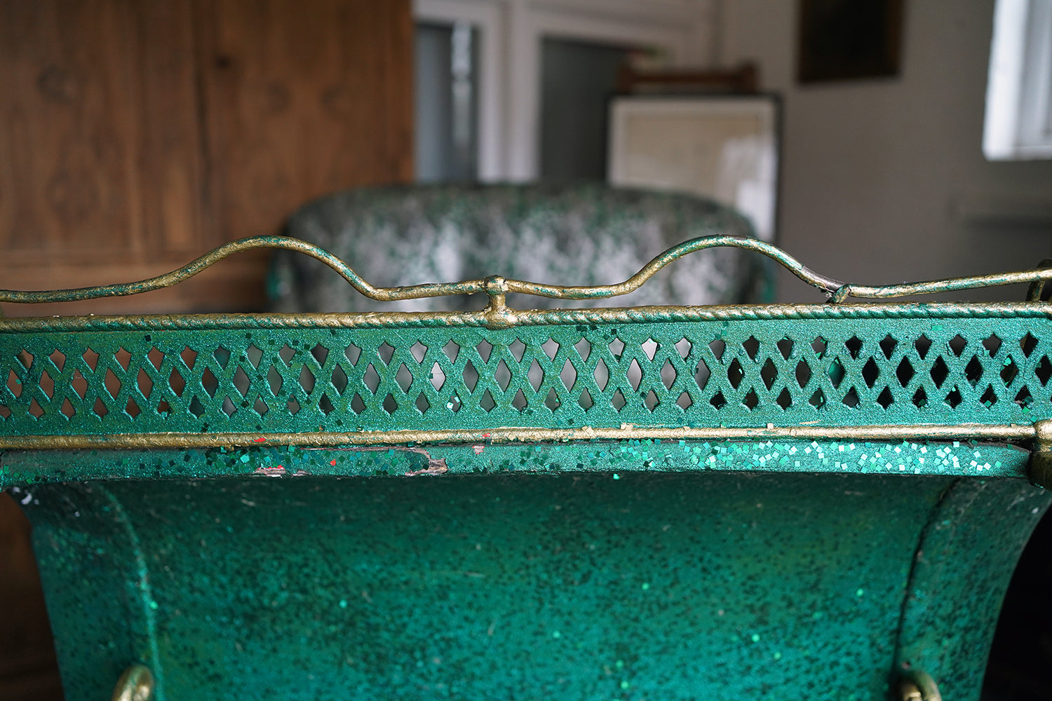 A Full-Size Late Victorian Green & Gold Painted Sleigh; Ex Harrods Department Store c.1895