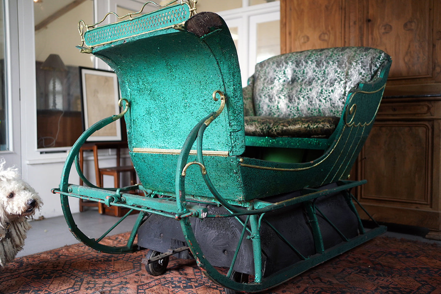 A Full-Size Late Victorian Green & Gold Painted Sleigh; Ex Harrods Department Store c.1895