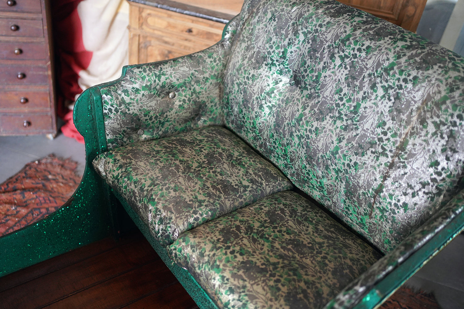 A Full-Size Late Victorian Green & Gold Painted Sleigh; Ex Harrods Department Store c.1895