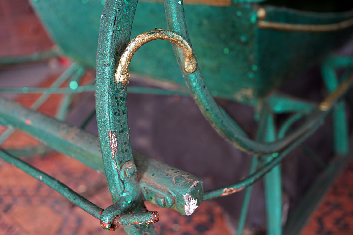 A Full-Size Late Victorian Green & Gold Painted Sleigh; Ex Harrods Department Store c.1895
