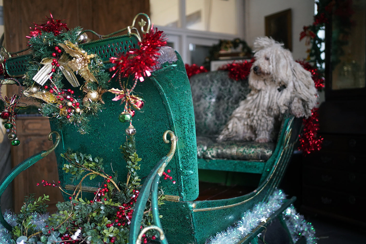 A Full-Size Late Victorian Green & Gold Painted Sleigh; Ex Harrods Department Store c.1895