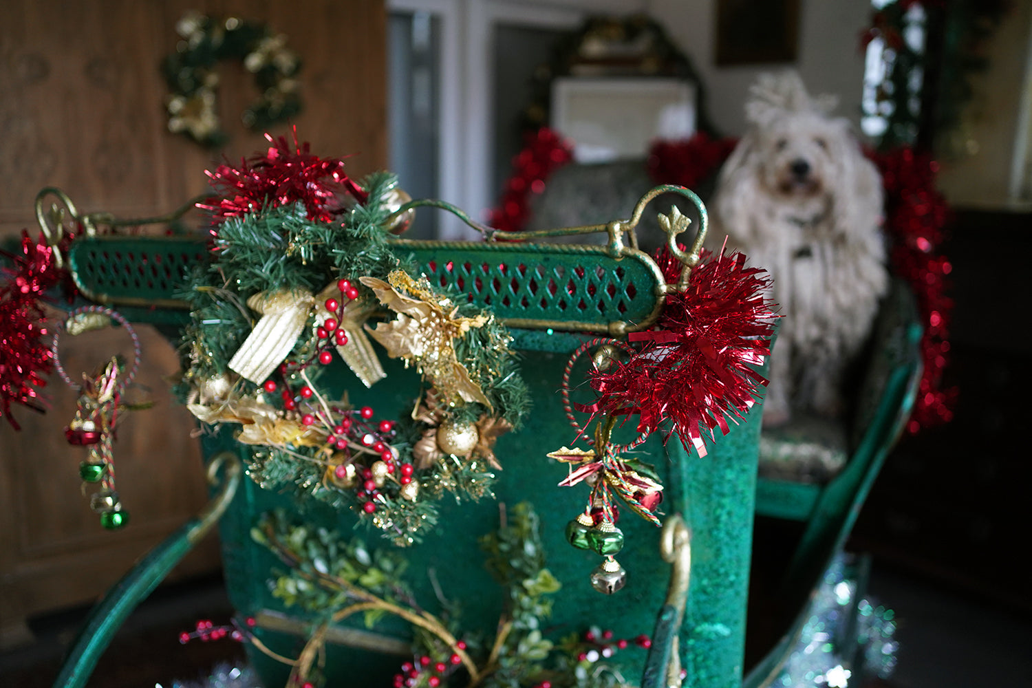 A Full-Size Late Victorian Green & Gold Painted Sleigh; Ex Harrods Department Store c.1895