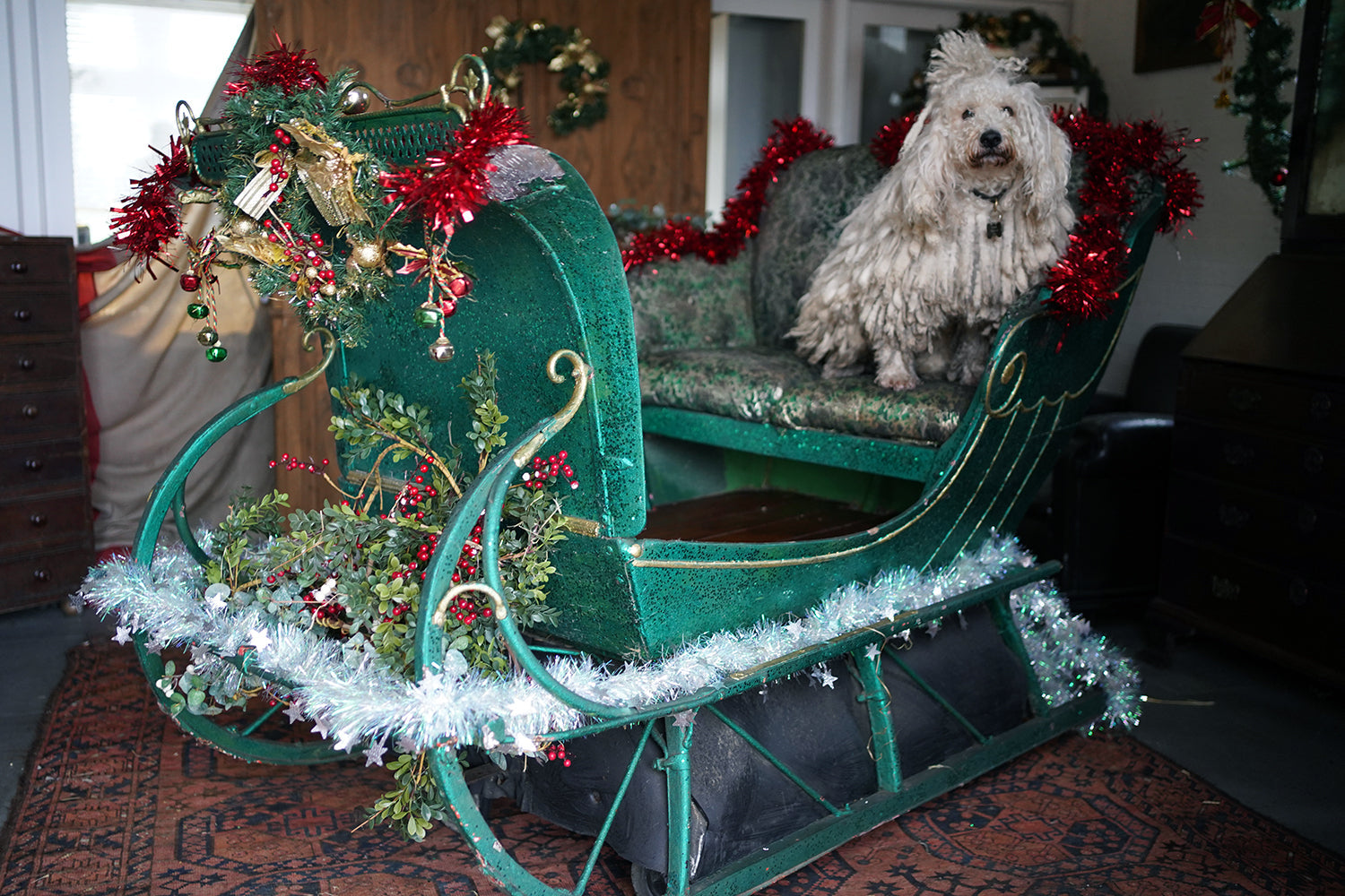 A Full-Size Late Victorian Green & Gold Painted Sleigh; Ex Harrods Department Store c.1895