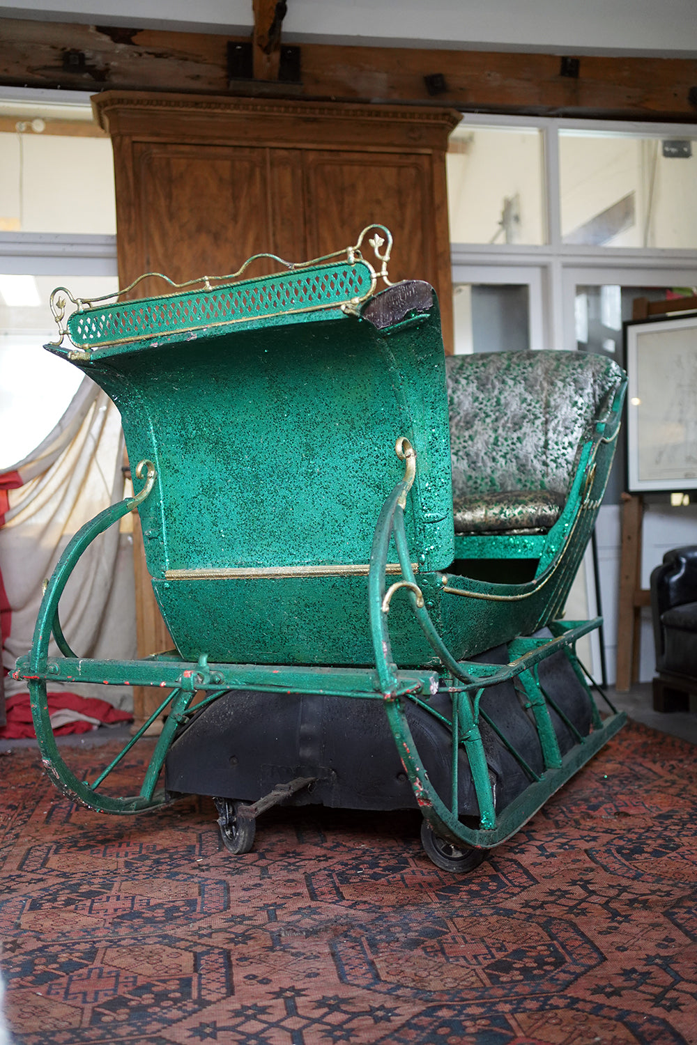 A Full-Size Late Victorian Green & Gold Painted Sleigh; Ex Harrods Department Store c.1895