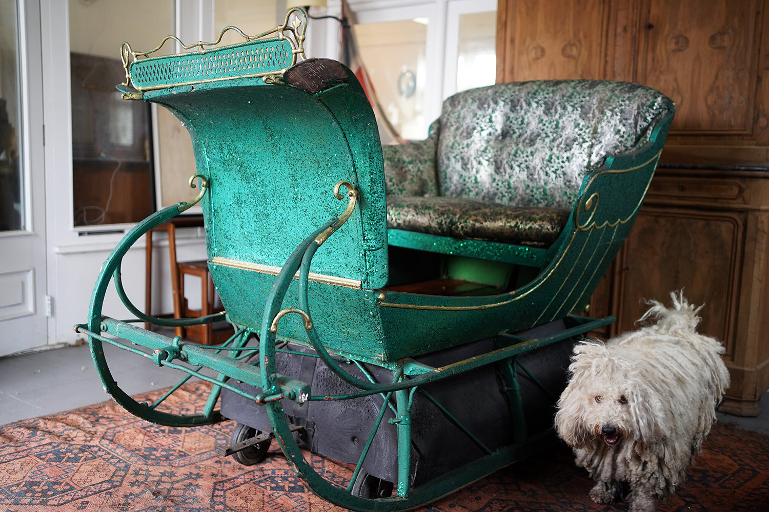 A Full-Size Late Victorian Green & Gold Painted Sleigh; Ex Harrods Department Store c.1895