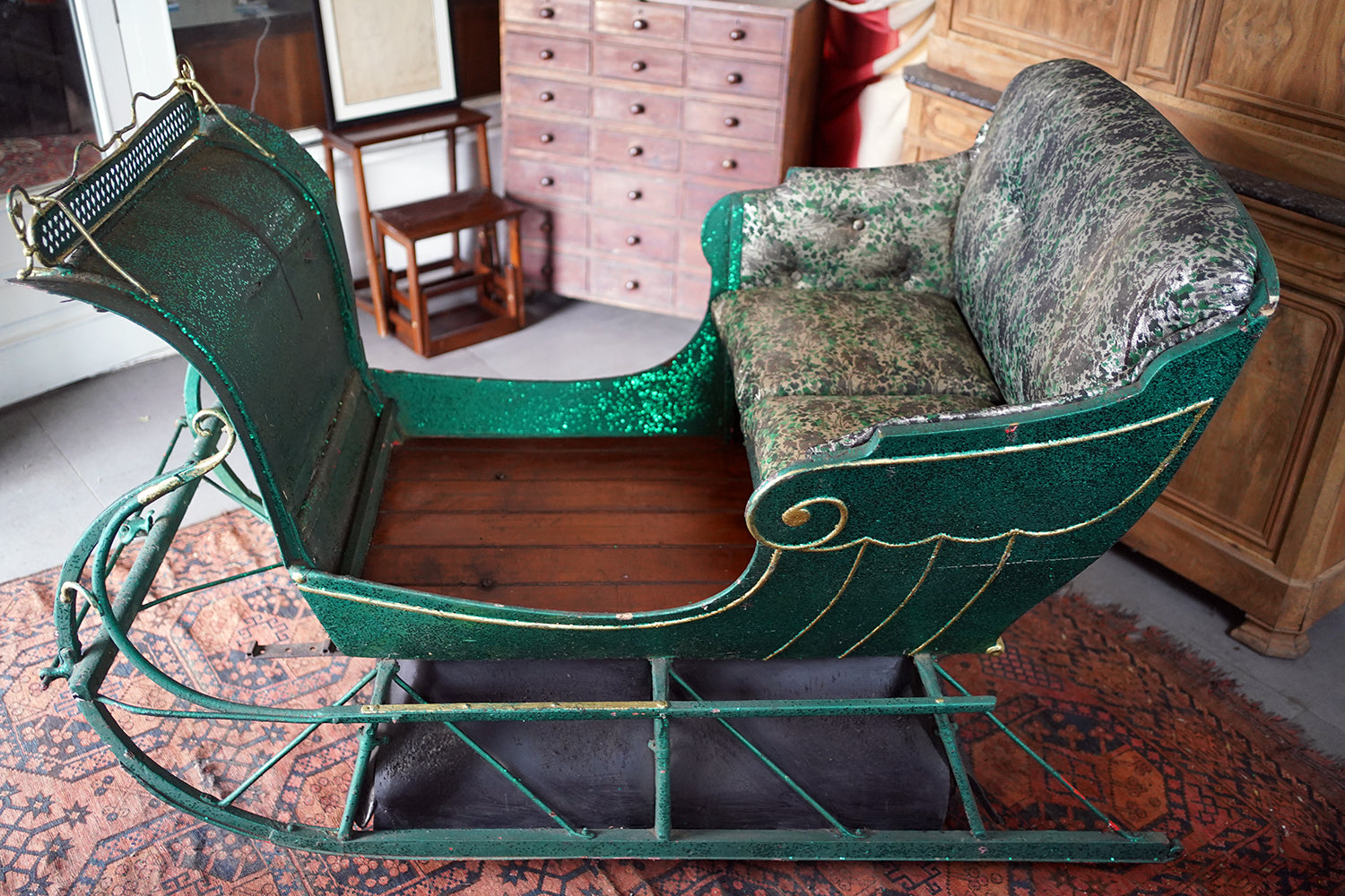A Full-Size Late Victorian Green & Gold Painted Sleigh; Ex Harrods Department Store c.1895