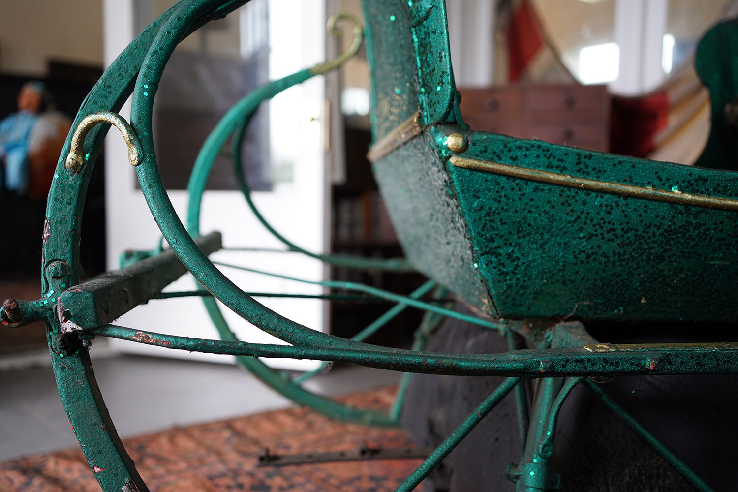 A Full-Size Late Victorian Green & Gold Painted Sleigh; Ex Harrods Department Store c.1895