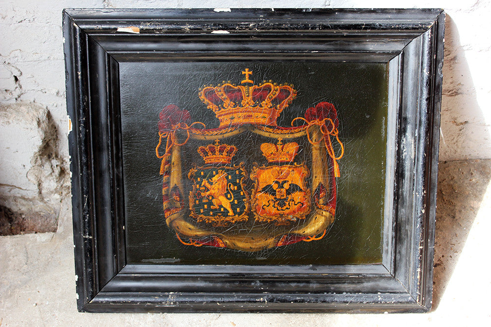 A Fine Mid-19thC Dutch Oil on Panel Funerary Hatchment or Rouwborden: The Marital Arms of Willem Frederik George Lodewijk van Oranje-Nassau, King Willem II of Netherlands & Queen, Grand Duchess Anna Pavlovna of Russia, c.1849