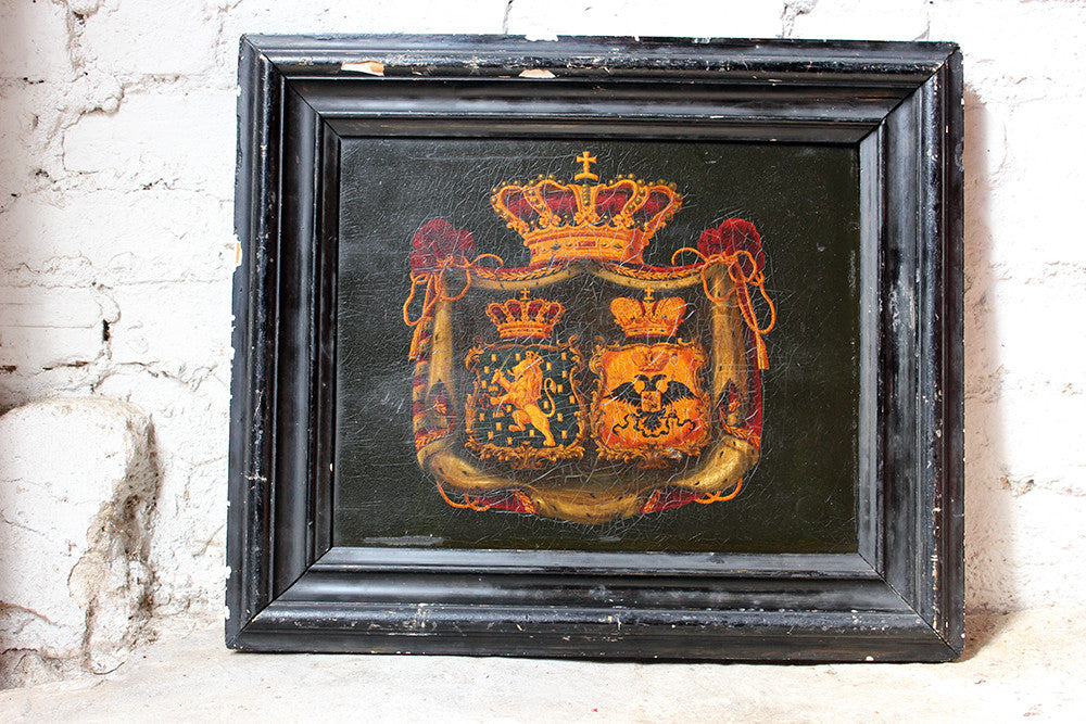 A Fine Mid-19thC Dutch Oil on Panel Funerary Hatchment or Rouwborden: The Marital Arms of Willem Frederik George Lodewijk van Oranje-Nassau, King Willem II of Netherlands & Queen, Grand Duchess Anna Pavlovna of Russia, c.1849