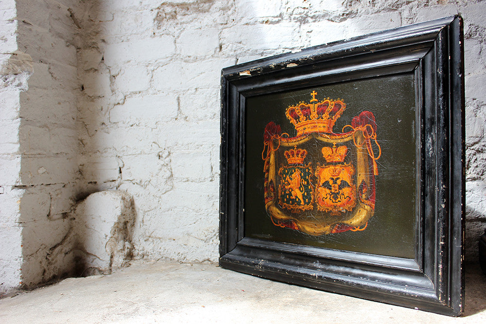 A Fine Mid-19thC Dutch Oil on Panel Funerary Hatchment or Rouwborden: The Marital Arms of Willem Frederik George Lodewijk van Oranje-Nassau, King Willem II of Netherlands & Queen, Grand Duchess Anna Pavlovna of Russia, c.1849