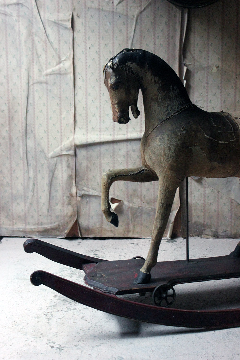 A 19thC Painted, Carved & Horse Hide Rocking & Pull Horse c.1870-80