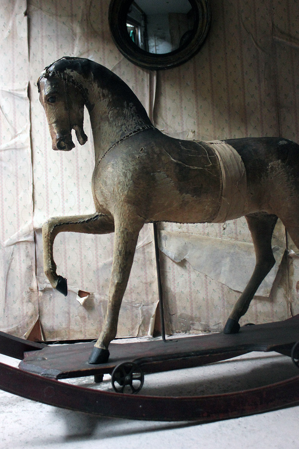 A 19thC Painted, Carved & Horse Hide Rocking & Pull Horse c.1870-80