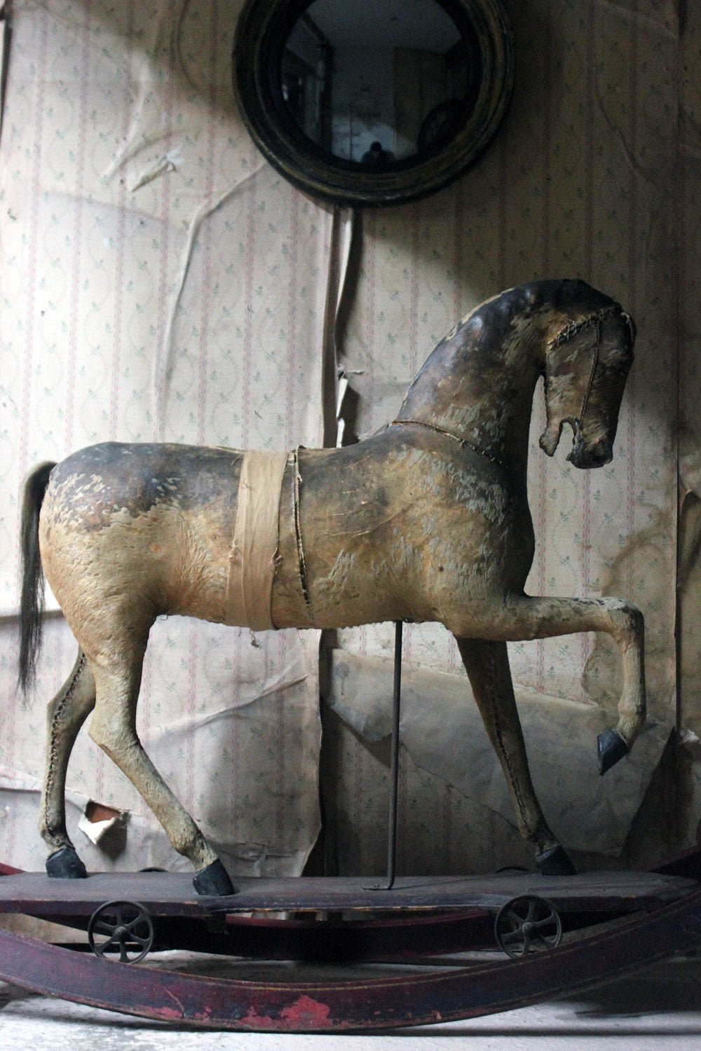 A 19thC Painted, Carved & Horse Hide Rocking & Pull Horse c.1870-80