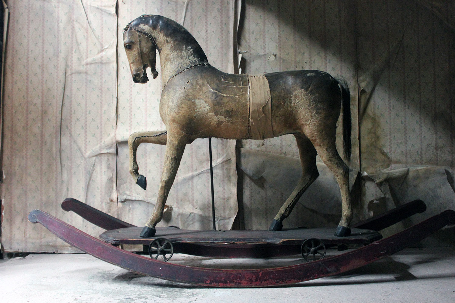 A 19thC Painted, Carved & Horse Hide Rocking & Pull Horse c.1870-80