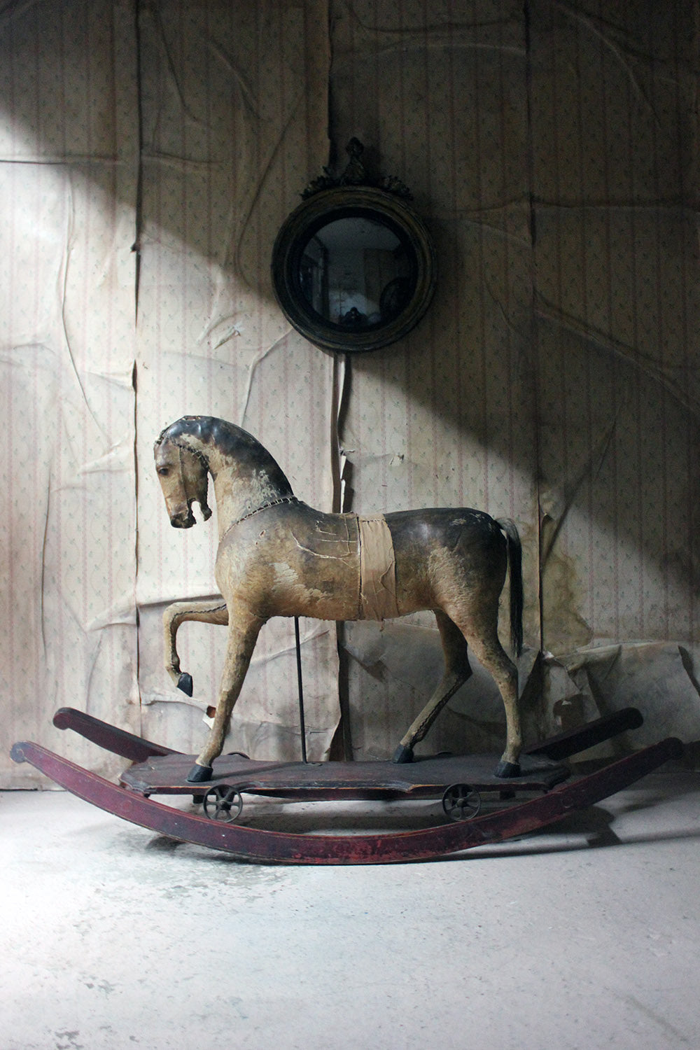 A 19thC Painted, Carved & Horse Hide Rocking & Pull Horse c.1870-80