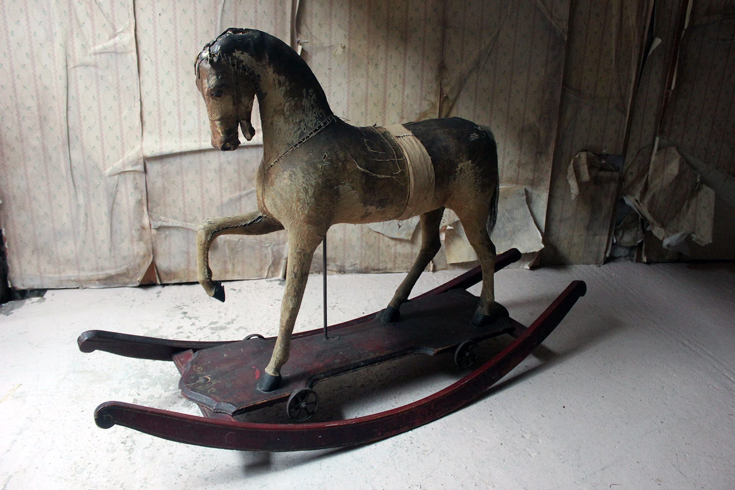 A 19thC Painted, Carved & Horse Hide Rocking & Pull Horse c.1870-80