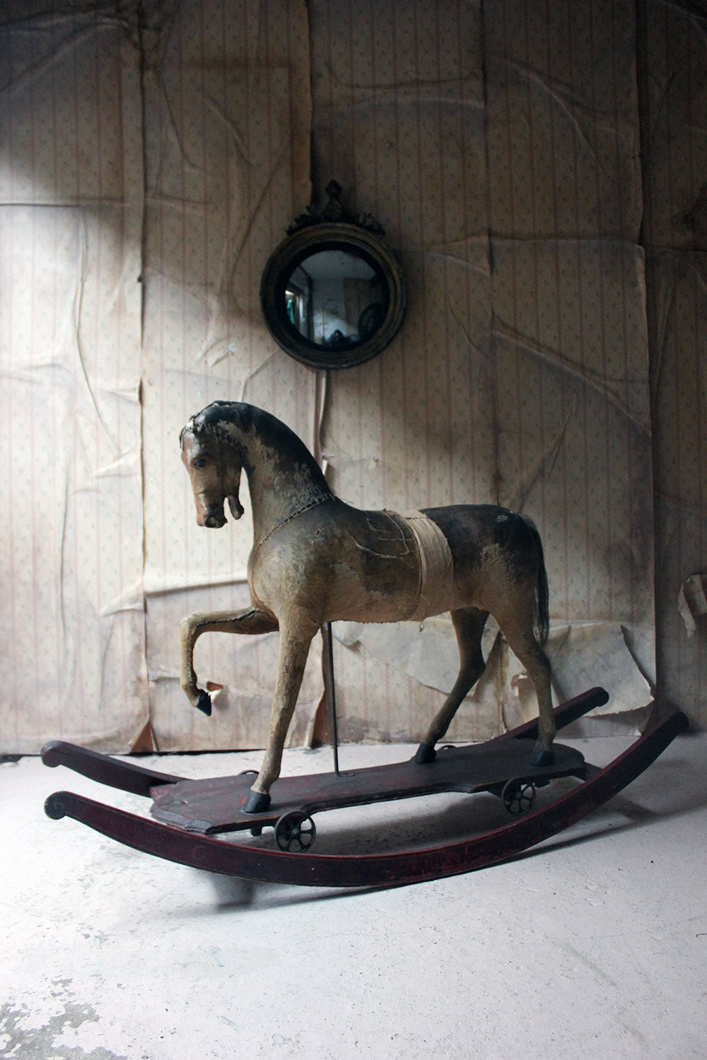 A 19thC Painted, Carved & Horse Hide Rocking & Pull Horse c.1870-80