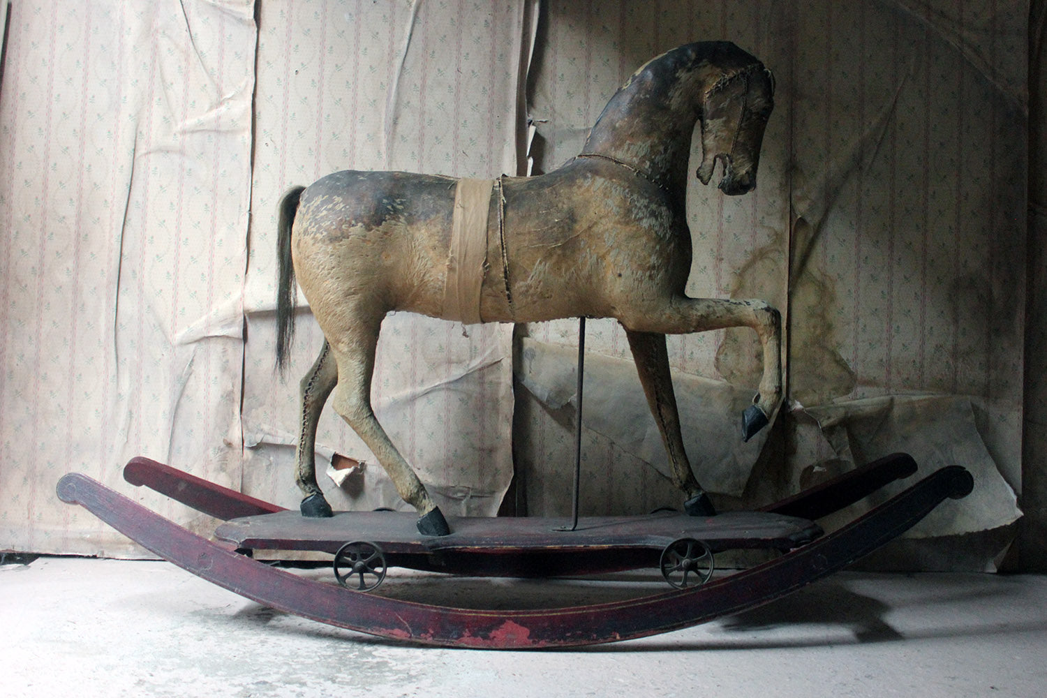 A 19thC Painted, Carved & Horse Hide Rocking & Pull Horse c.1870-80