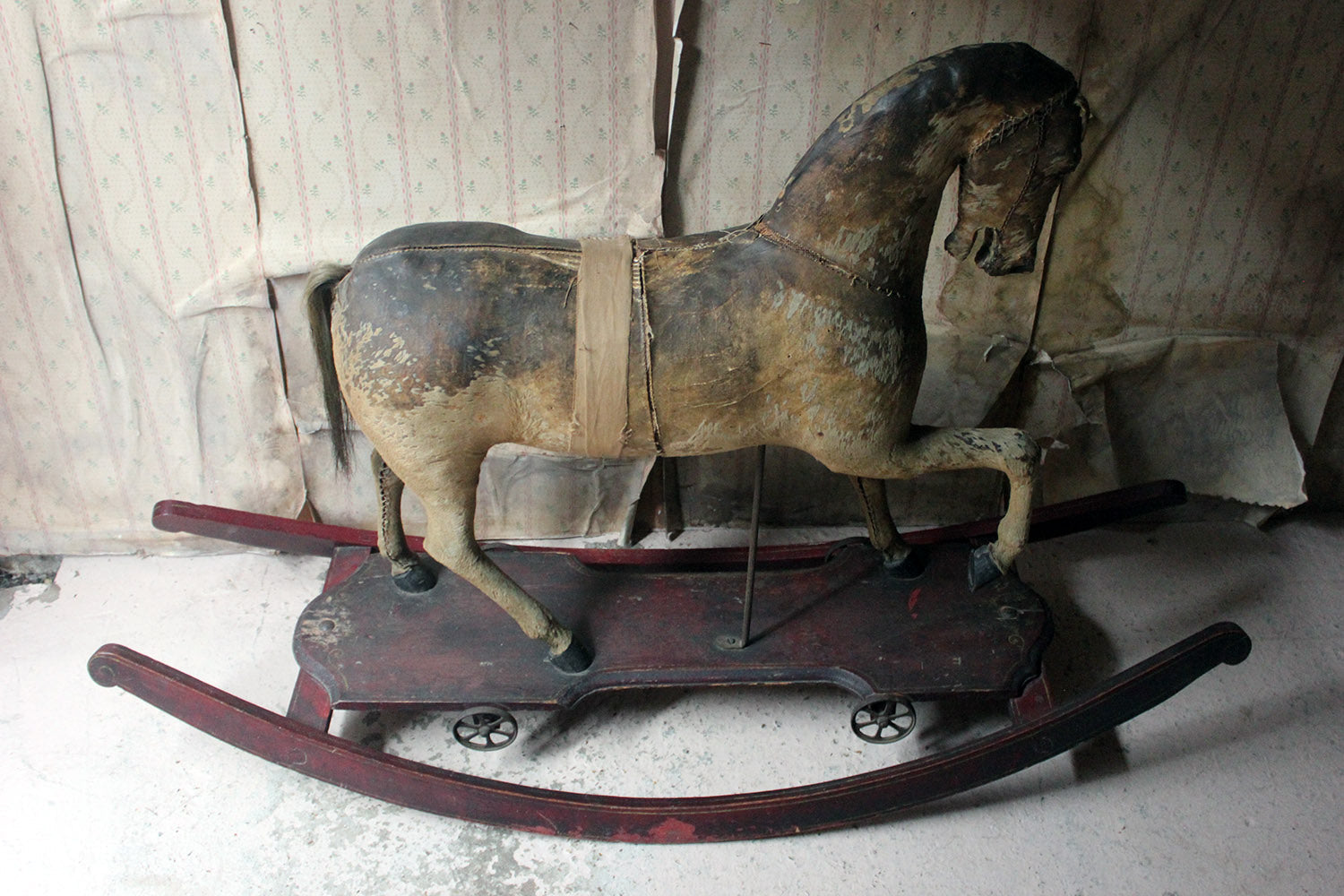 A 19thC Painted, Carved & Horse Hide Rocking & Pull Horse c.1870-80