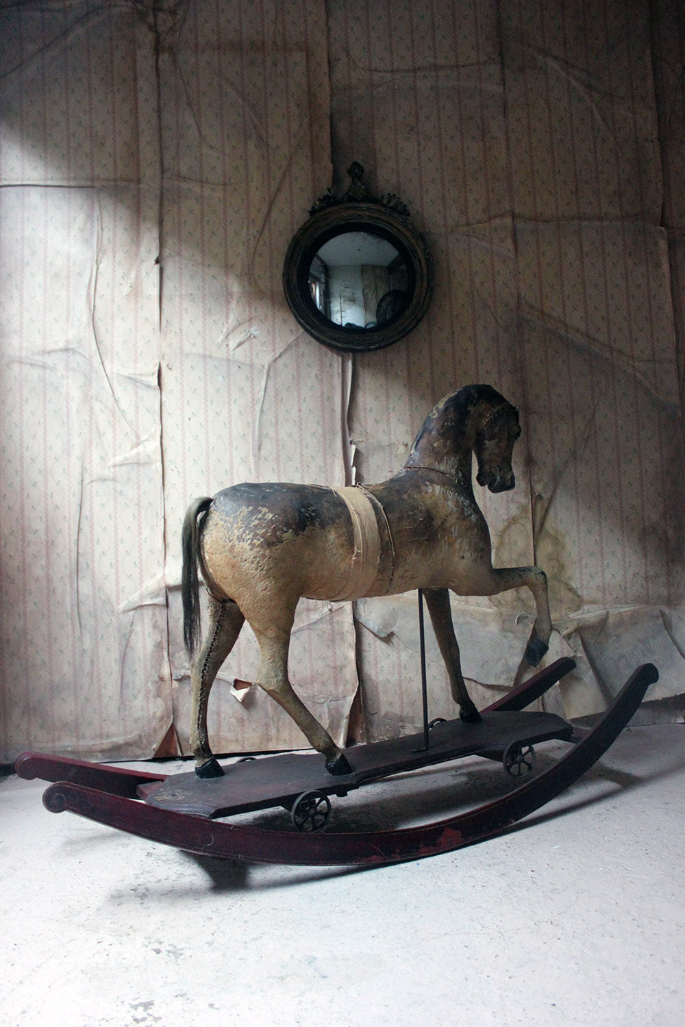 A 19thC Painted, Carved & Horse Hide Rocking & Pull Horse c.1870-80