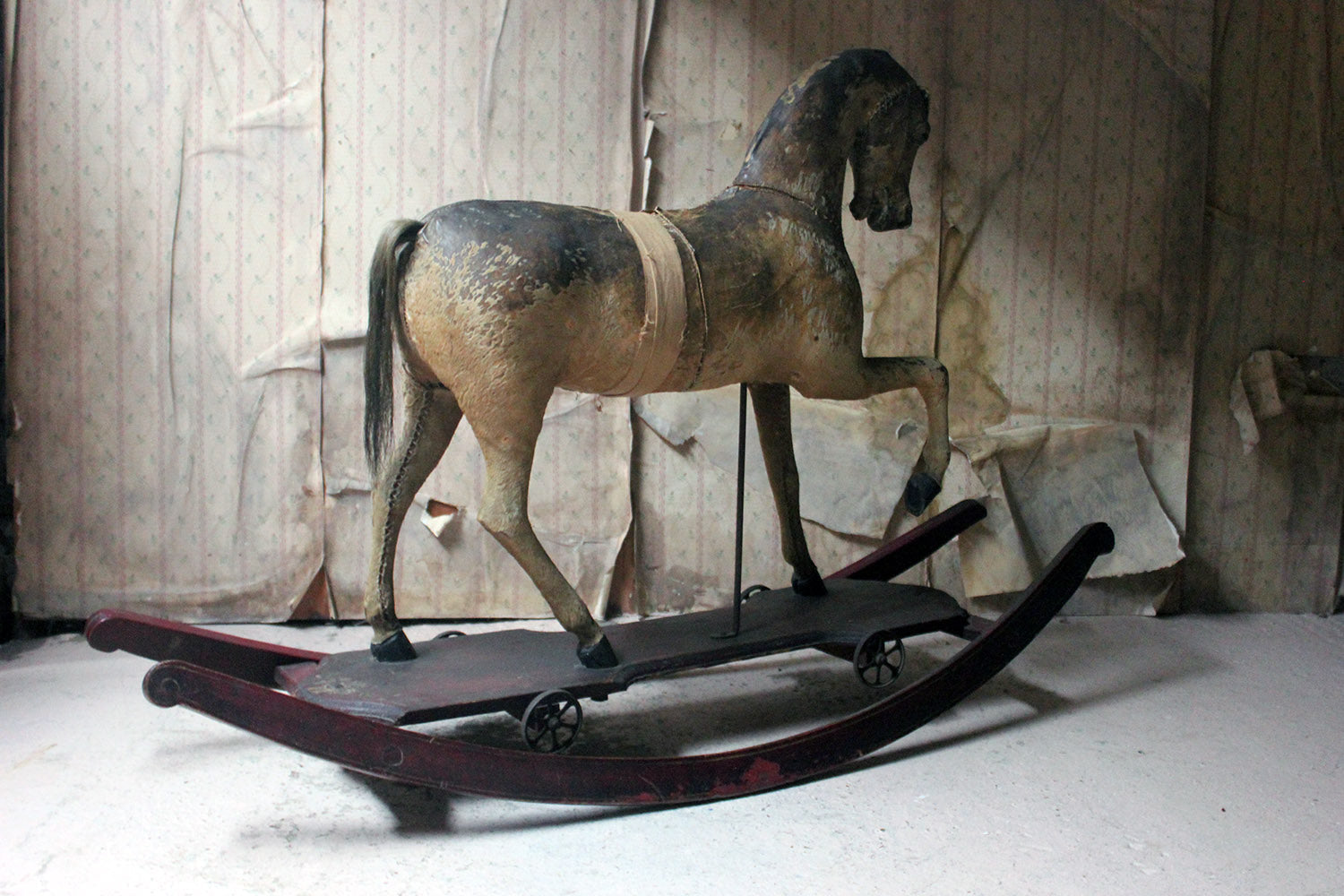 A 19thC Painted, Carved & Horse Hide Rocking & Pull Horse c.1870-80