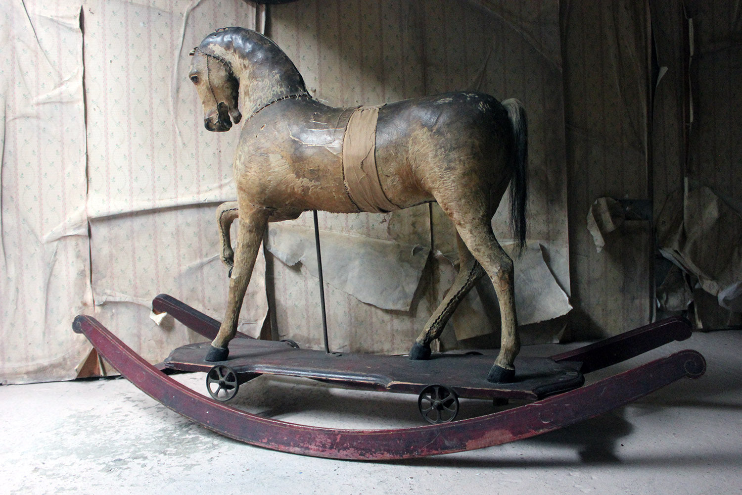 A 19thC Painted, Carved & Horse Hide Rocking & Pull Horse c.1870-80