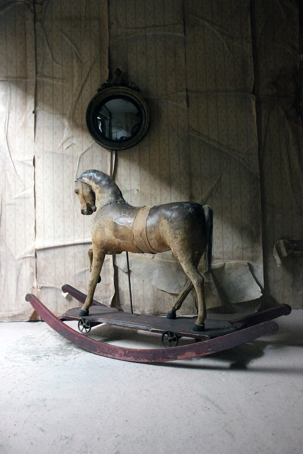 A 19thC Painted, Carved & Horse Hide Rocking & Pull Horse c.1870-80