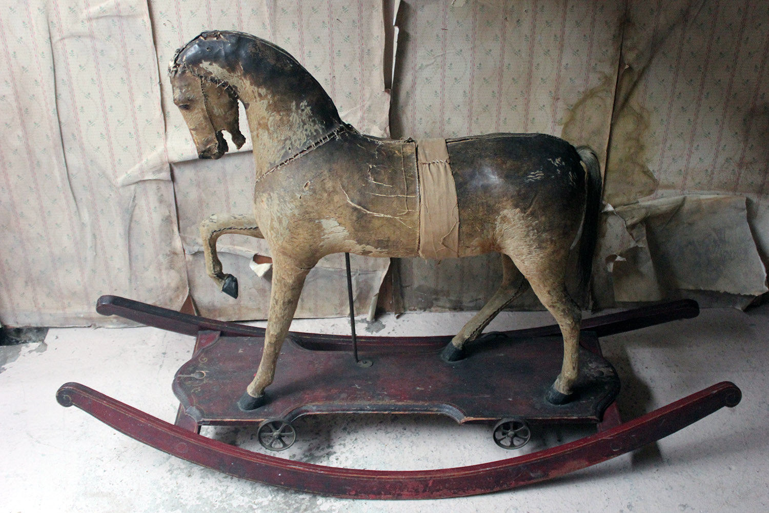A 19thC Painted, Carved & Horse Hide Rocking & Pull Horse c.1870-80