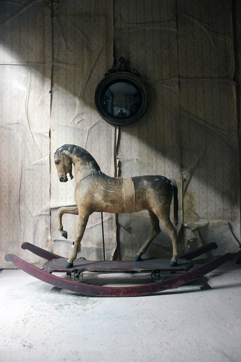 A 19thC Painted, Carved & Horse Hide Rocking & Pull Horse c.1870-80