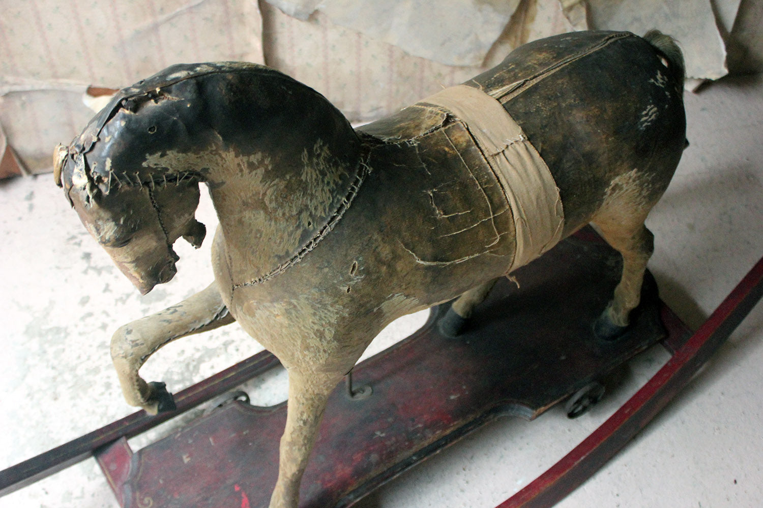 A 19thC Painted, Carved & Horse Hide Rocking & Pull Horse c.1870-80