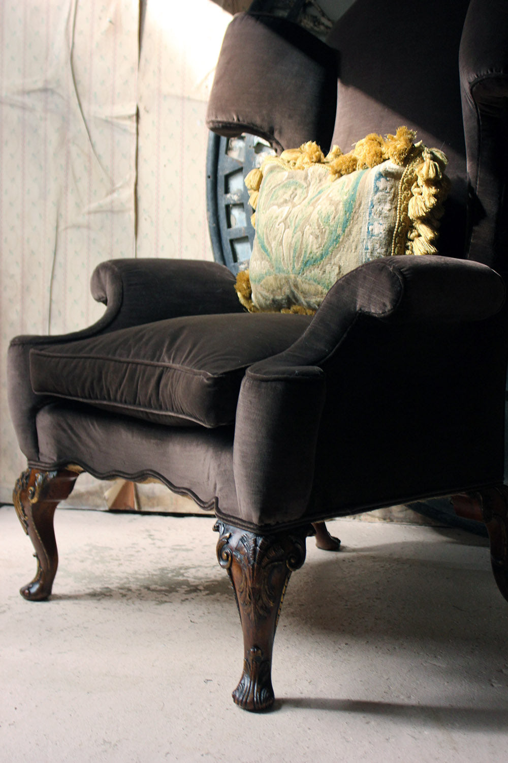 A Fine & Unusual Pair of Queen Anne Style Wingback Armchairs; Ex. Croxton Park House c.1890