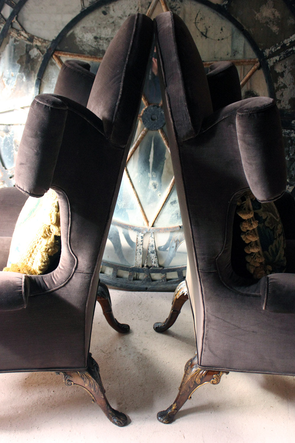 A Fine & Unusual Pair of Queen Anne Style Wingback Armchairs; Ex. Croxton Park House c.1890