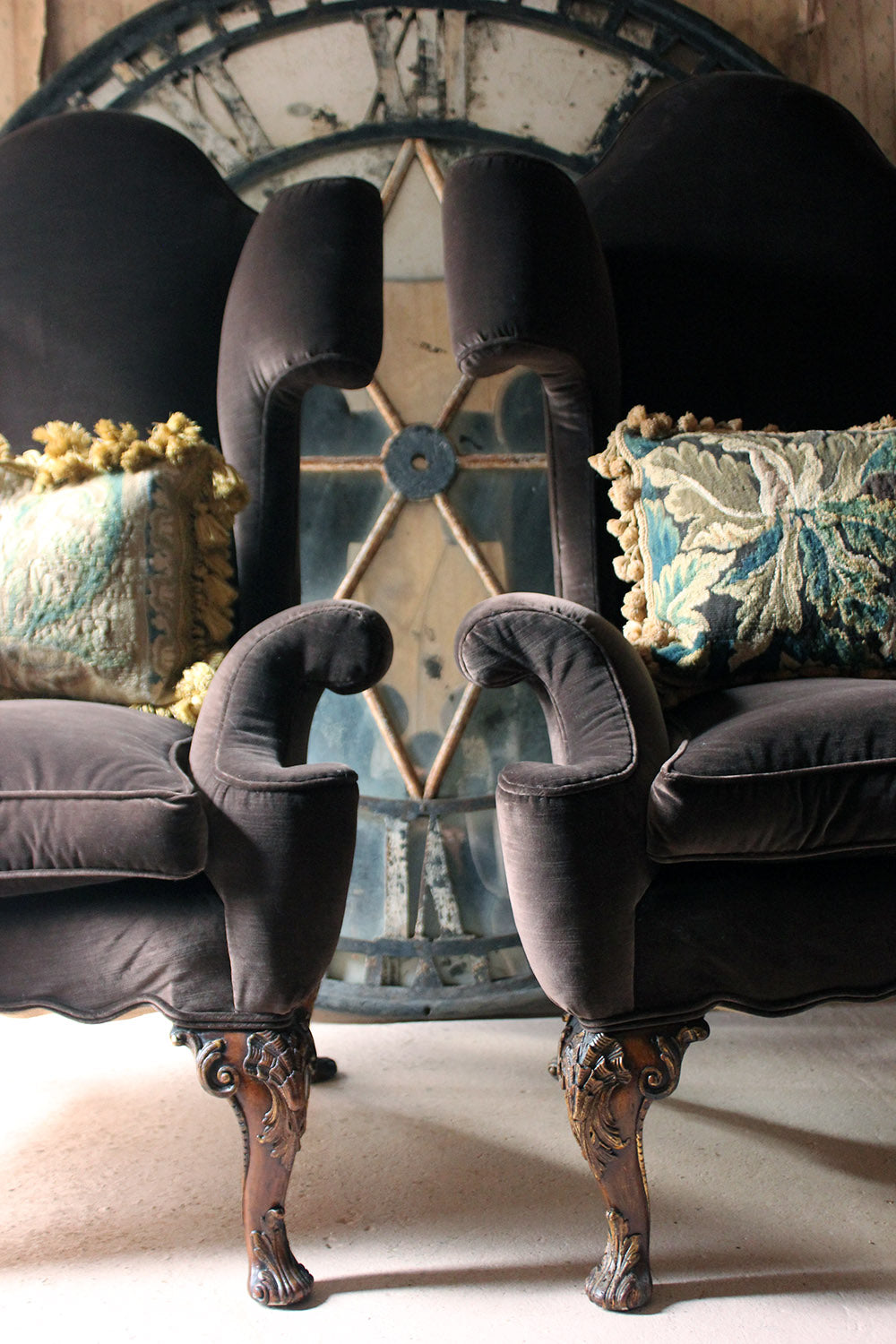 A Fine & Unusual Pair of Queen Anne Style Wingback Armchairs; Ex. Croxton Park House c.1890
