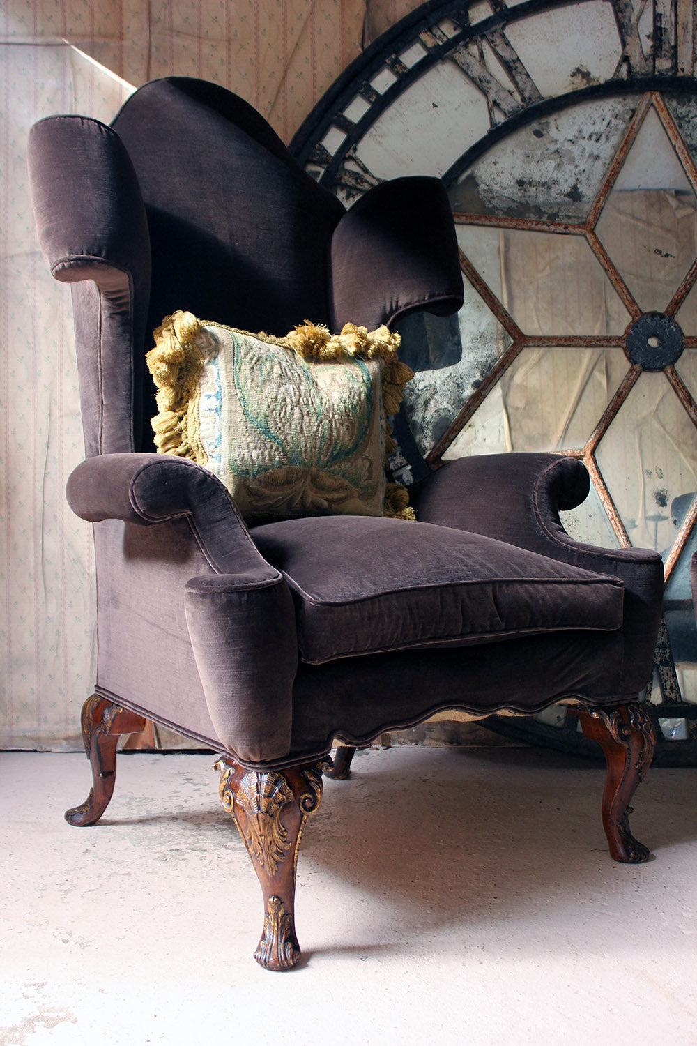 A Fine & Unusual Pair of Queen Anne Style Wingback Armchairs; Ex. Croxton Park House c.1890