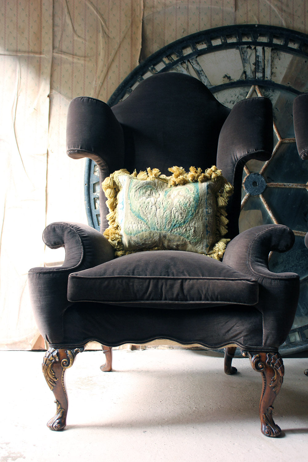A Fine & Unusual Pair of Queen Anne Style Wingback Armchairs; Ex. Croxton Park House c.1890