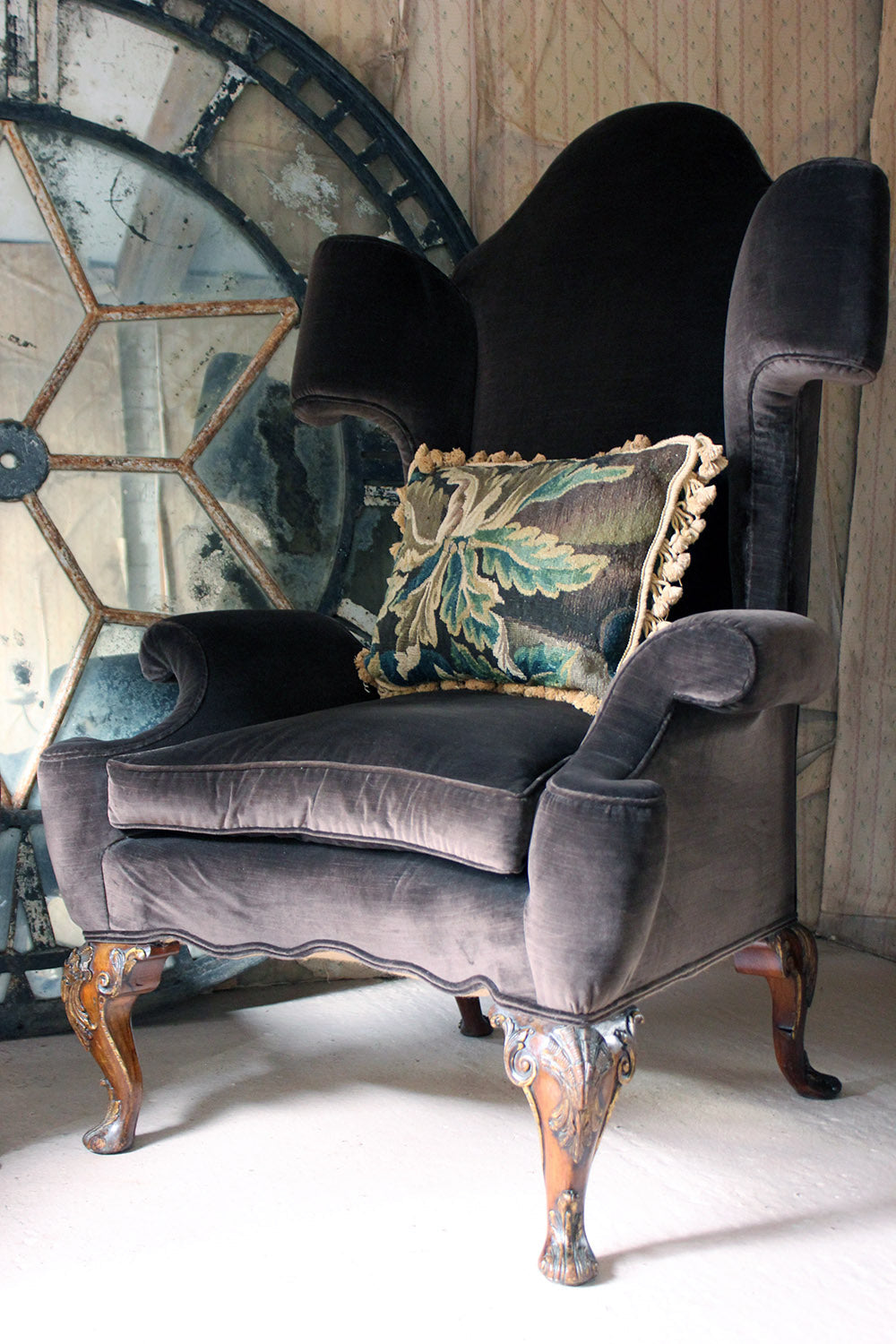 A Fine & Unusual Pair of Queen Anne Style Wingback Armchairs; Ex. Croxton Park House c.1890