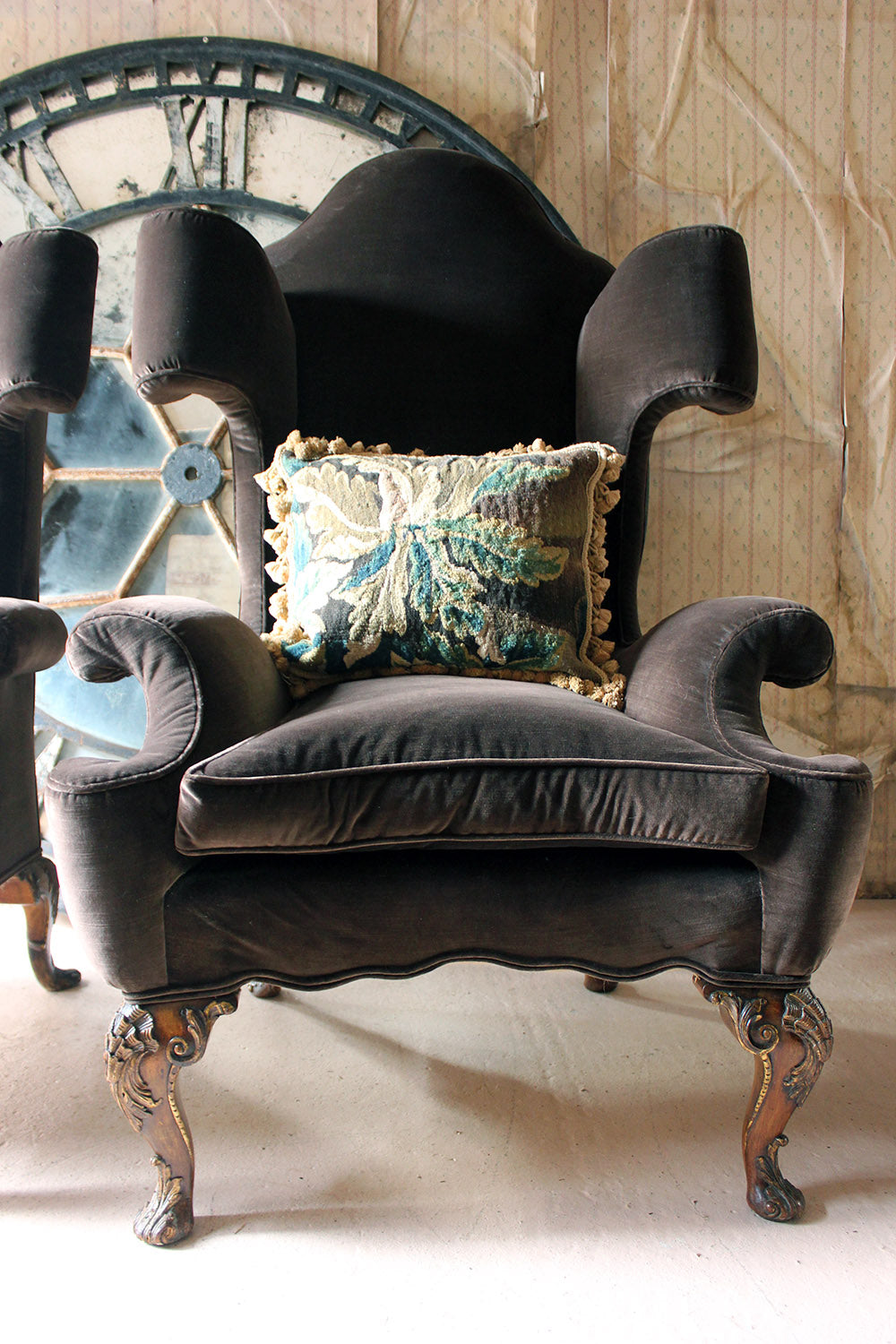 A Fine & Unusual Pair of Queen Anne Style Wingback Armchairs; Ex. Croxton Park House c.1890