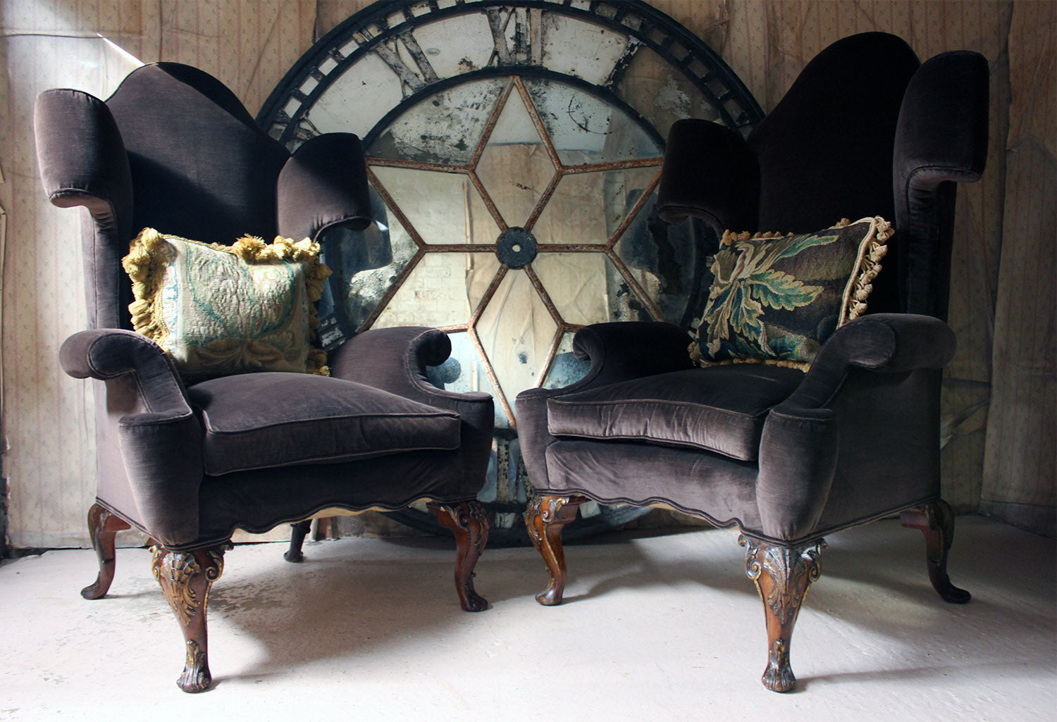 A Fine & Unusual Pair of Queen Anne Style Wingback Armchairs; Ex. Croxton Park House c.1890