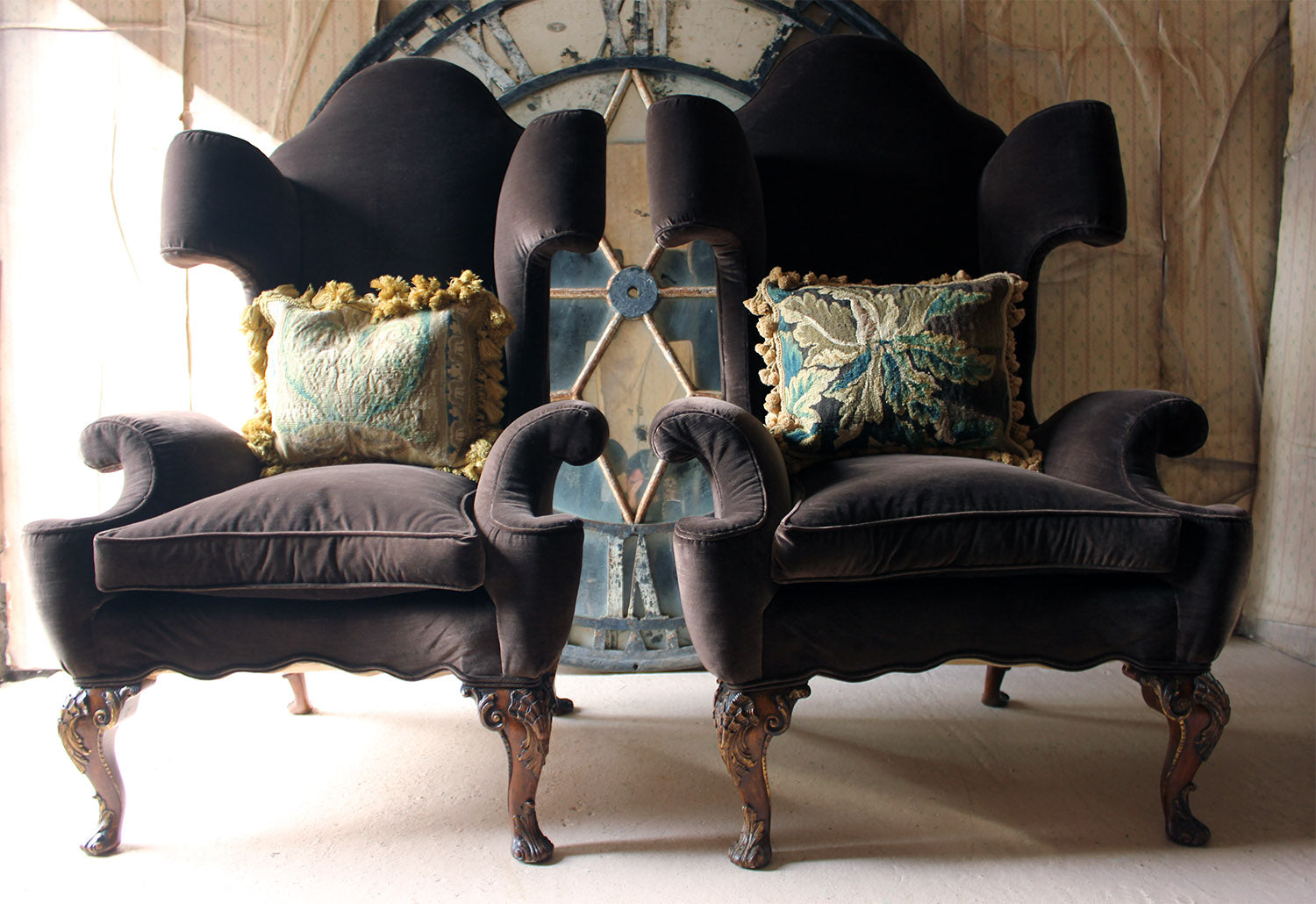 A Fine & Unusual Pair of Queen Anne Style Wingback Armchairs; Ex. Croxton Park House c.1890