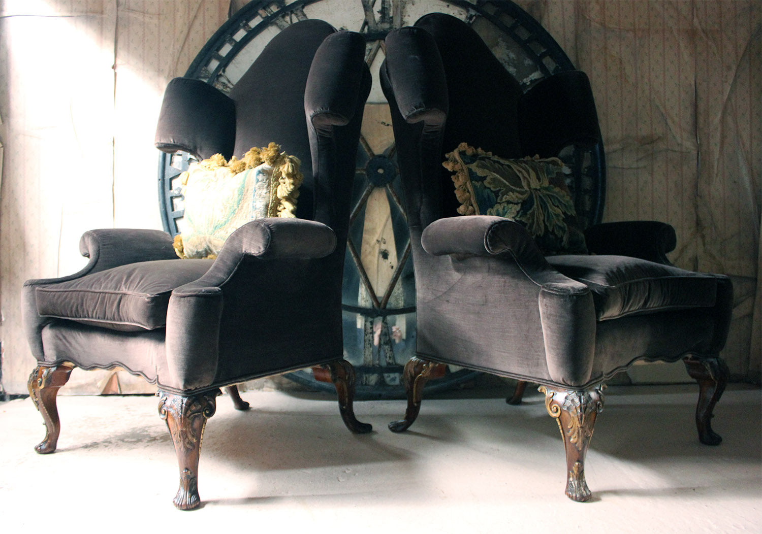 A Fine & Unusual Pair of Queen Anne Style Wingback Armchairs; Ex. Croxton Park House c.1890