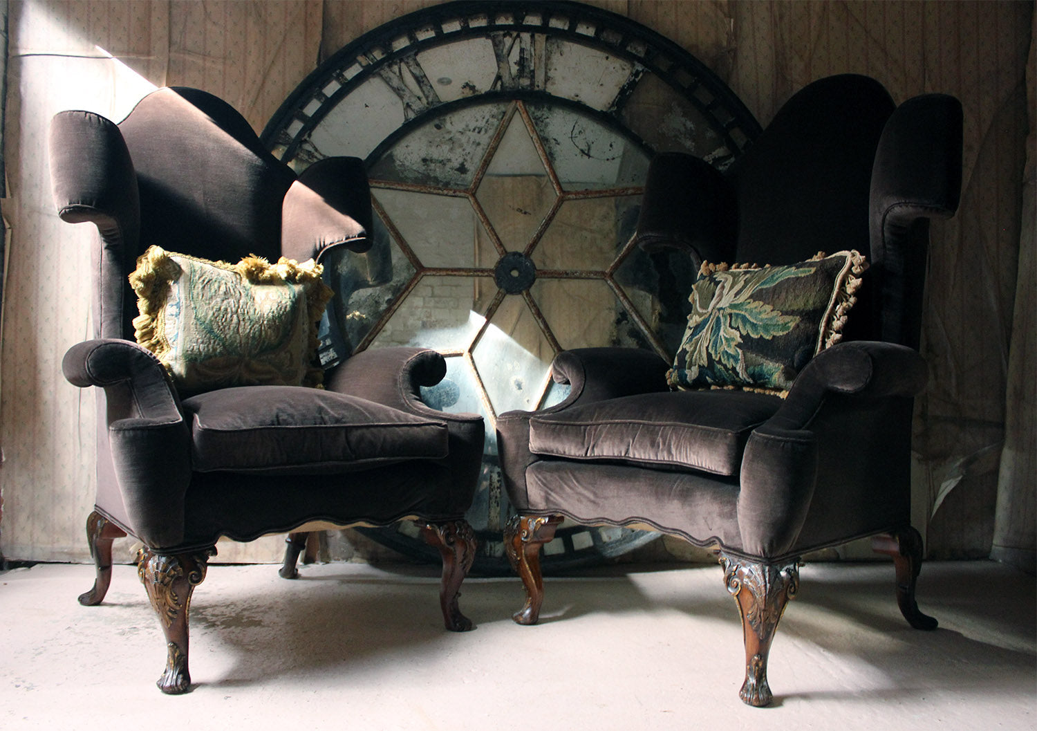 A Fine & Unusual Pair of Queen Anne Style Wingback Armchairs; Ex. Croxton Park House c.1890