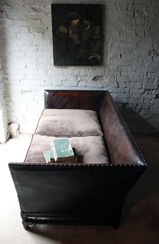 A Comfortable Early 20thC Oak, Leather & Corduroy Upholstered & Studded Sofa c.1915