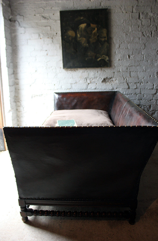 A Comfortable Early 20thC Oak, Leather & Corduroy Upholstered & Studded Sofa c.1915