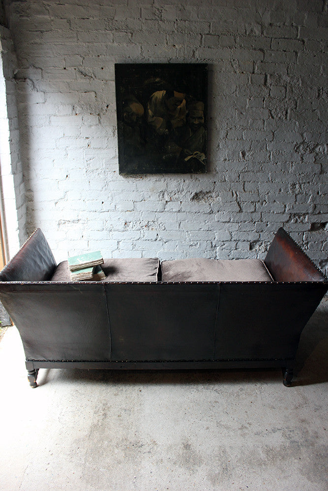 A Comfortable Early 20thC Oak, Leather & Corduroy Upholstered & Studded Sofa c.1915