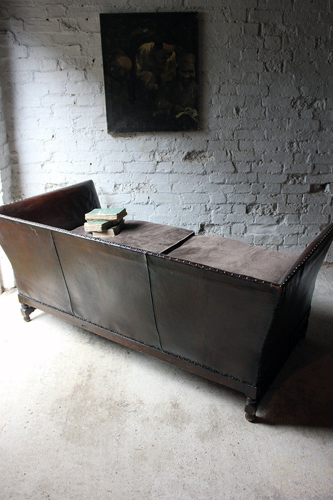 A Comfortable Early 20thC Oak, Leather & Corduroy Upholstered & Studded Sofa c.1915