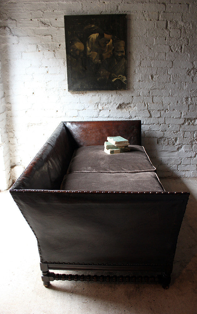 A Comfortable Early 20thC Oak, Leather & Corduroy Upholstered & Studded Sofa c.1915