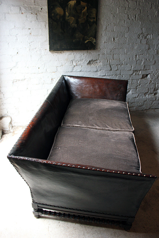 A Comfortable Early 20thC Oak, Leather & Corduroy Upholstered & Studded Sofa c.1915