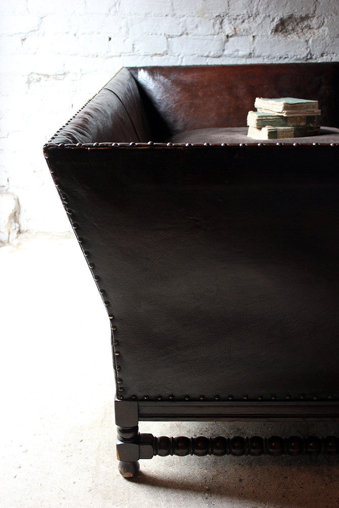 A Comfortable Early 20thC Oak, Leather & Corduroy Upholstered & Studded Sofa c.1915