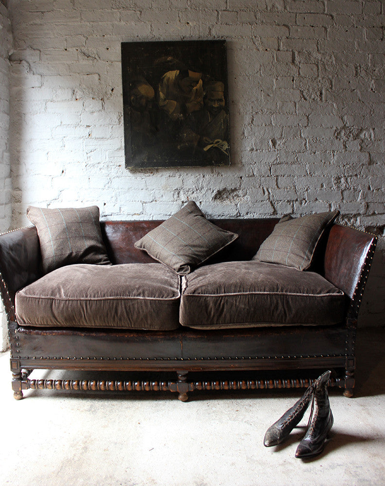 A Comfortable Early 20thC Oak, Leather & Corduroy Upholstered & Studded Sofa c.1915
