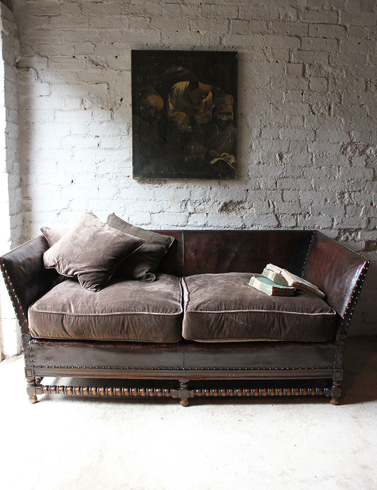 A Comfortable Early 20thC Oak, Leather & Corduroy Upholstered & Studded Sofa c.1915